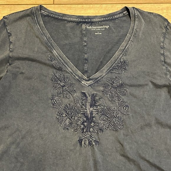 Soft Surroundings T Shirt SZ Large Blue Embroidered V Neck Long Sleeve India - Picture 4 of 10